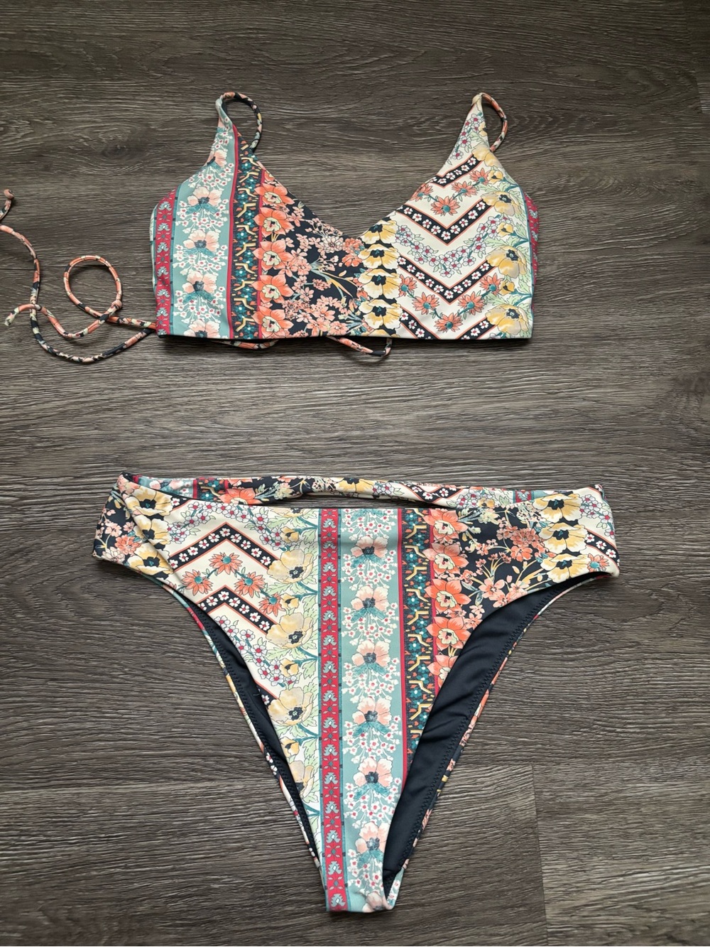 O'Neill Floral Patchwork Bikini Top in Navy, Yellow, Coral, Teal, Cream